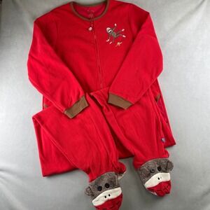 Nick & Nora Monkey Fleece Adult Pajamas Pockets Zip Red Animal‎ Sleepwear Large